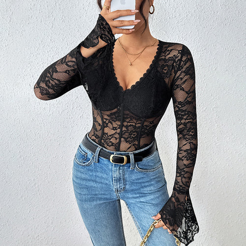 Damen Taillierter Spitzen-Corset-Body mit V-Ausschnitt, langen Trompetenärmeln und formenden Bügeln Shop Nory