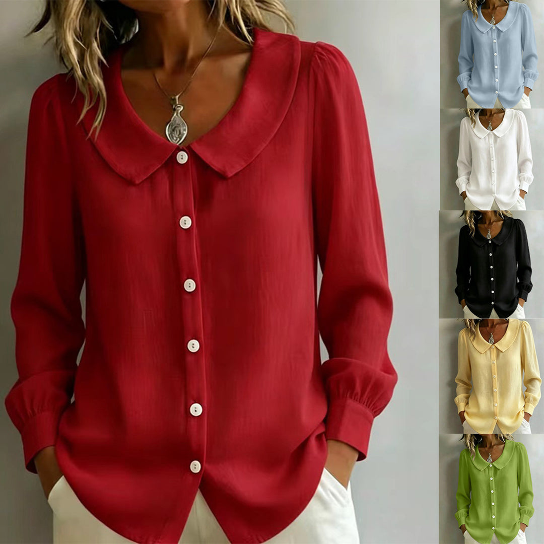 Damen Locker geschnittene Bluse mit Rundkragen, Puffärmeln und Perlmuttknopfleiste Shop Nory