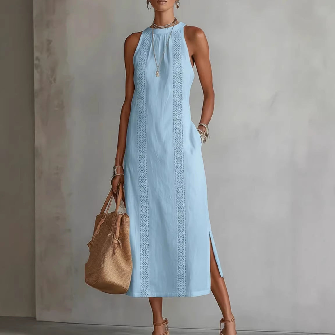Damen Elegantes Sommer-Maxi-Kleid mit Spitzenapplikation und seitlichem Schlitz