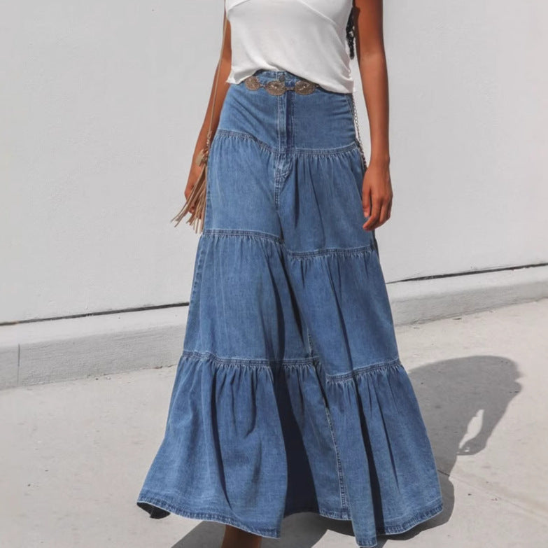 Damen Denim Maxikleid im Boho-Stil mit voluminösem Rock und Rüschen