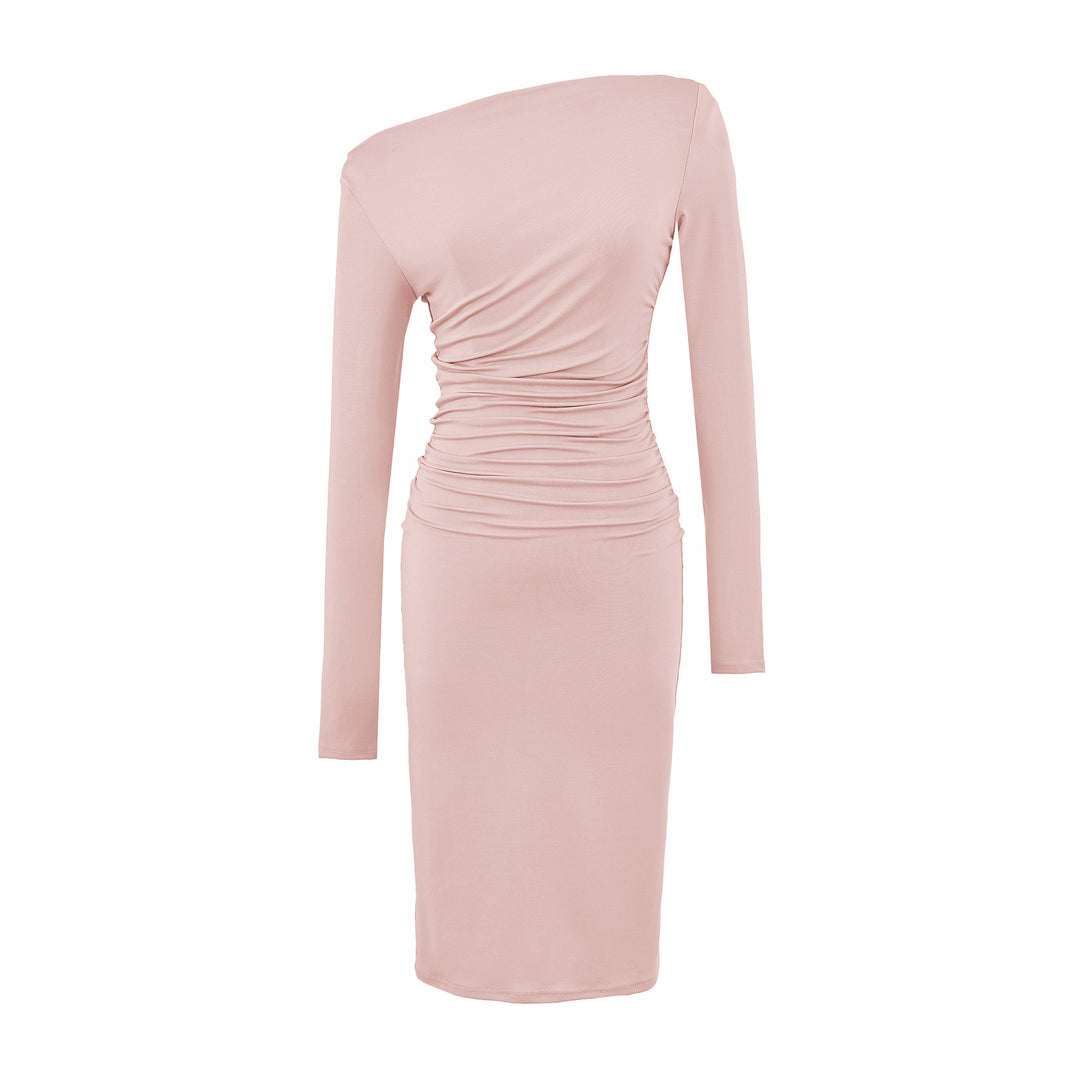 Damen Asymmetrisches Ein-Schulter-Midikleid mit Raffung und Langarm Shop Nory