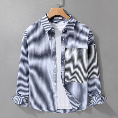 Herren Gestreiftes Patchwork-Hemd mit Brustpatch und Relaxed-Fit Shop Nory