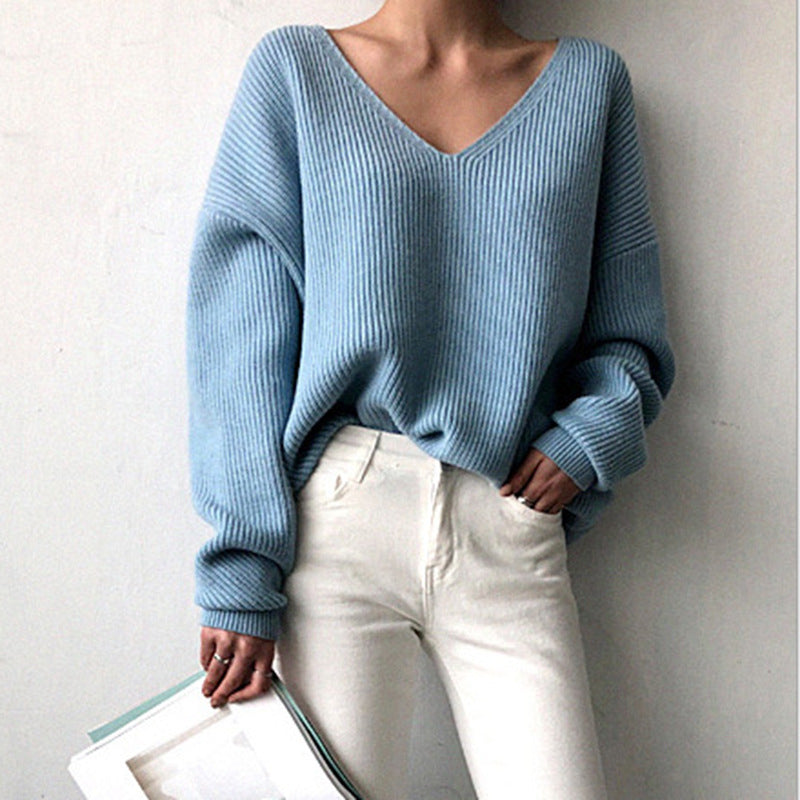 Damen lässiger Strickpullover mit V-Ausschnitt und weit geschnittenen Ärmeln