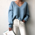 Damen lässiger Strickpullover mit V-Ausschnitt und weit geschnittenen Ärmeln