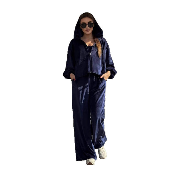 Damen Cropped Samt-Hoodie mit weitem Arm und High-Waist Jogginghose im Lounge-Set Shop Nory