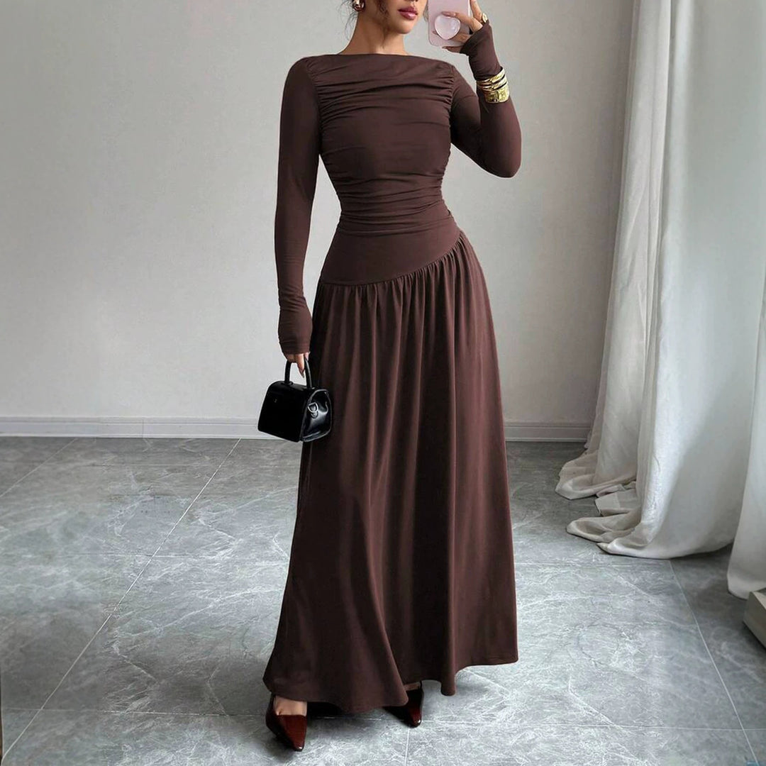 Damen Maxikleid mit gerafftem Oberteil, tailliertem Bund und Langarm Shop Nory