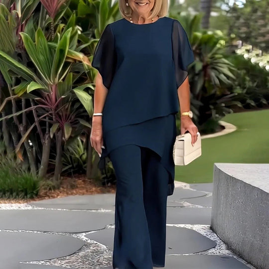 Damen elegantes Ensemble aus fließendem Oberteil und weitem Hose