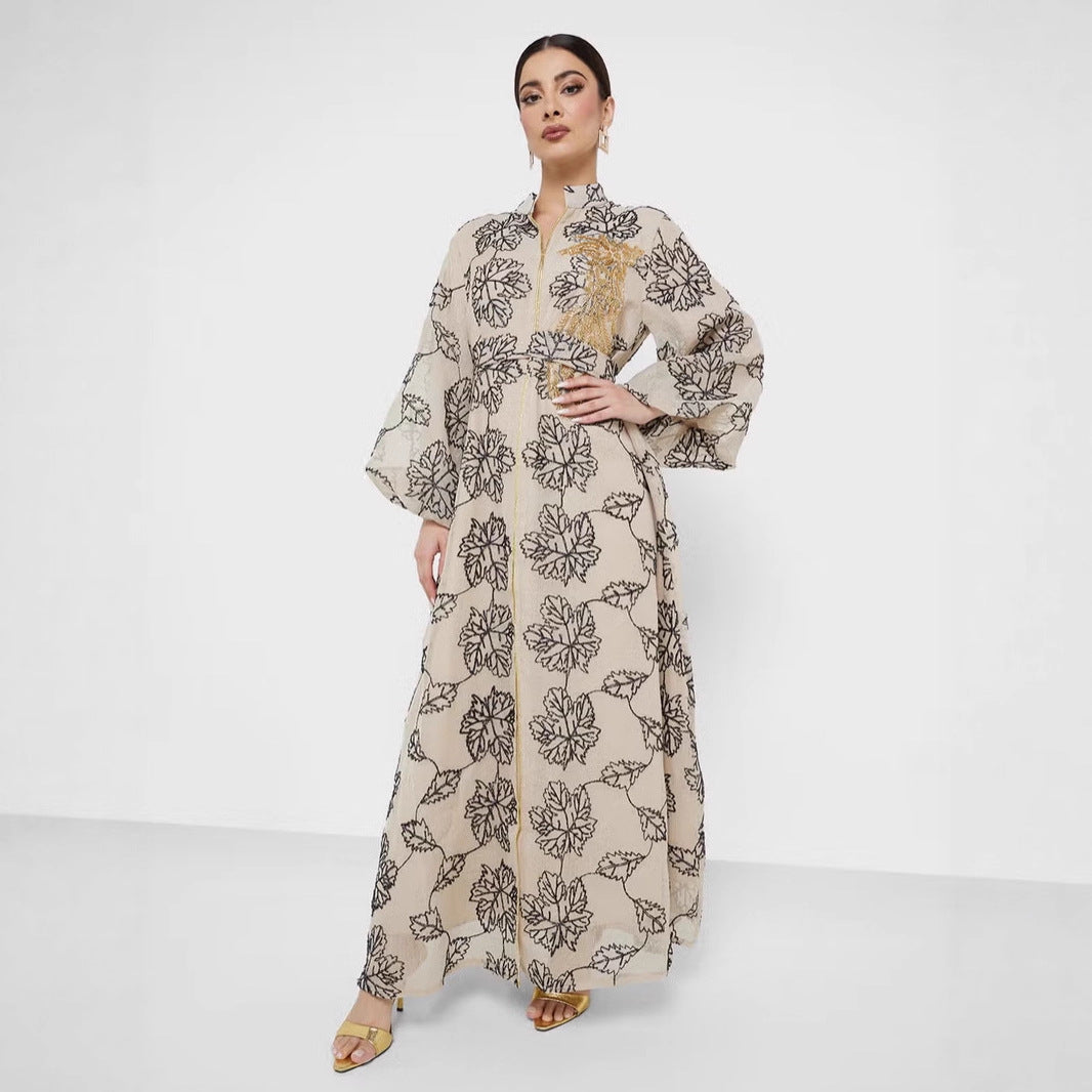 Damen Besticktes Maxikleid im Kaftan-Stil mit Reißverschluss, Taillengürtel und Ballonärmeln Shop Nory