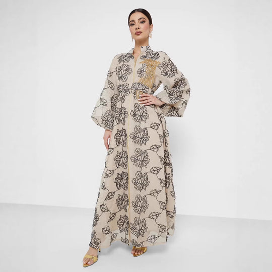 Damen Besticktes Maxikleid im Kaftan-Stil mit Reißverschluss, Taillengürtel und Ballonärmeln Shop Nory