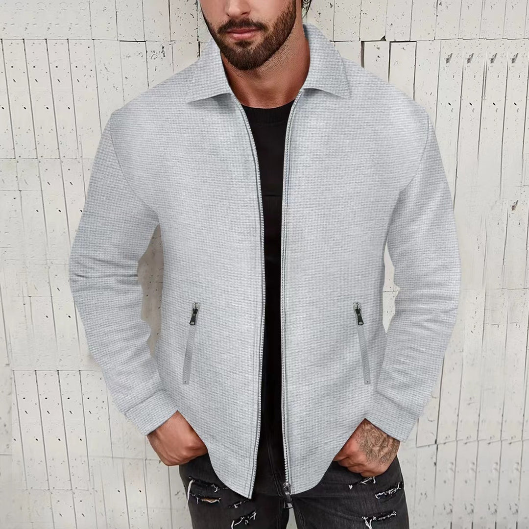Herren minimalistische Stehkragen-Feinstrick-Übergangsjacke mit Zwei-Wege-Reißverschluss und verdeckten Reißverschlusstaschen Shop Nory