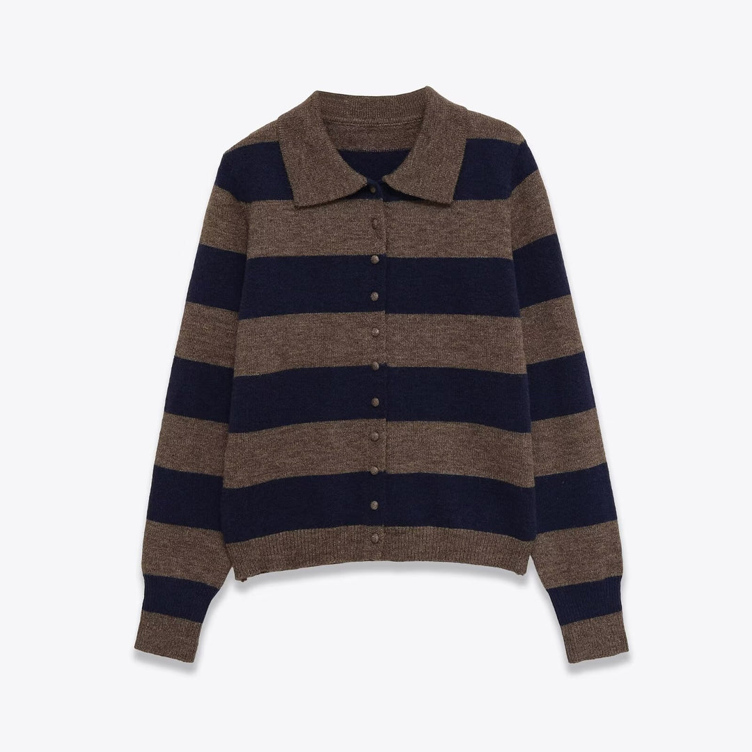Damen Gestreifte Strickjacke mit Polokragen und Knopfleiste Shop Nory