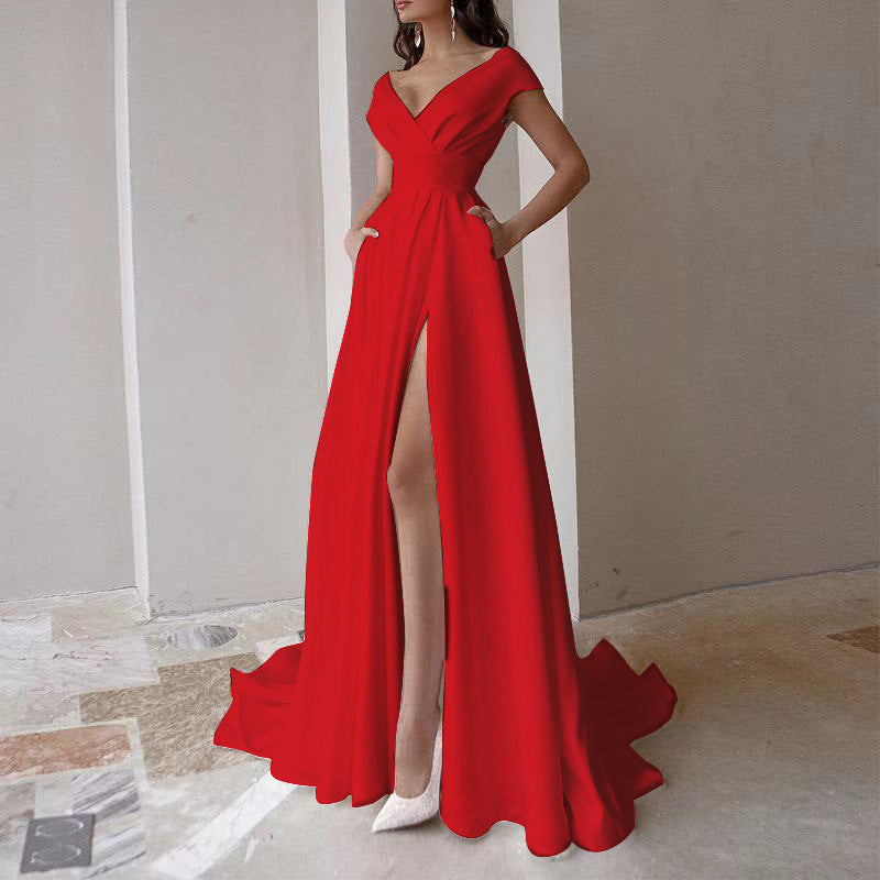 Damen elegantes Maxikleid mit tiefem V-Ausschnitt und seitlichem Schlitz