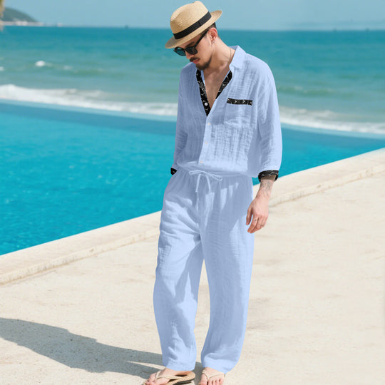 Herren Leinenoptik-Loungewear-Set mit Kordelzughose und offenem Hemdjacke Shop Nory