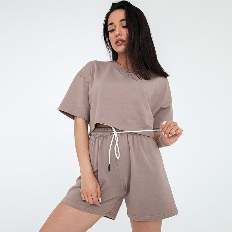 Damen Zweiteiliges Cropped-Lounge-Set aus Baumwolljersey mit elastischer Kordelzug-Shorts Shop Nory