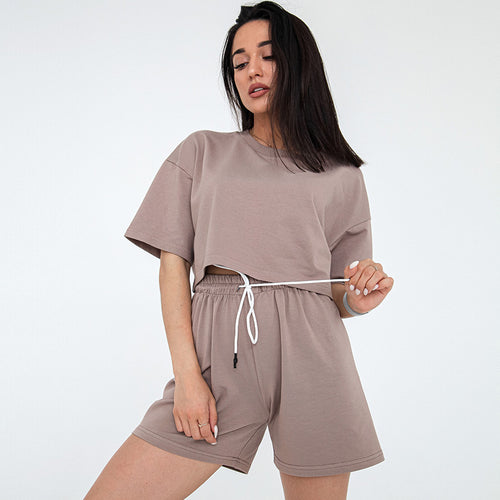 Damen Zweiteiliges Cropped-Lounge-Set aus Baumwolljersey mit elastischer Kordelzug-Shorts Shop Nory