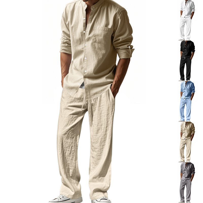 Herren nan legeres Leinen-Relax-Set mit Stehkragen-Hemd und weitem Kordelbund-Hose Shop Nory