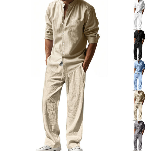 Herren nan legeres Leinen-Relax-Set mit Stehkragen-Hemd und weitem Kordelbund-Hose Shop Nory