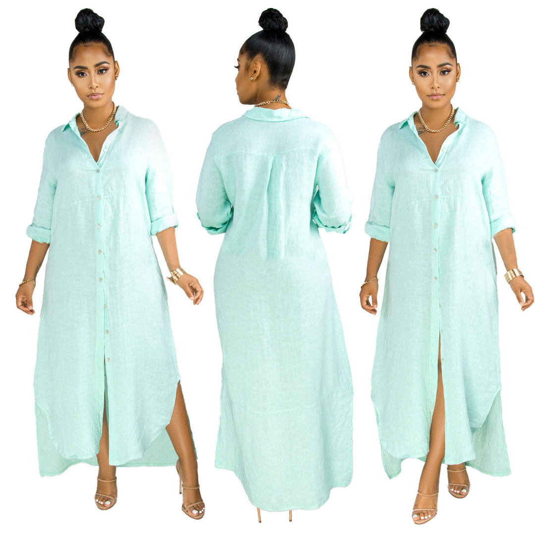 Damen lässiges Hemdkleid mit seitlichen Schlitzen und langfristiger Passform