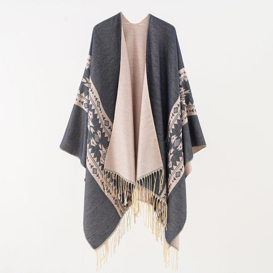 Damen Oversize-Poncho mit Fransen und Jacquardmuster Shop Nory