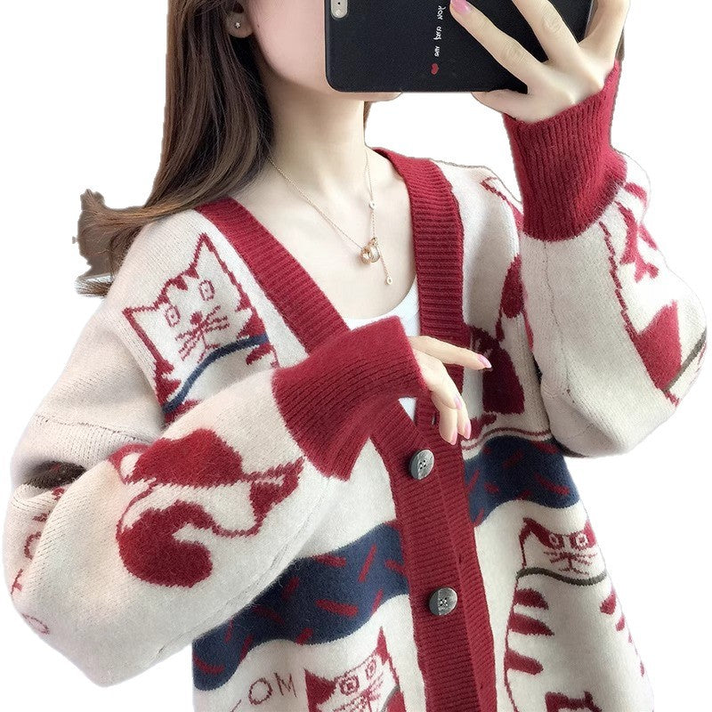 Damen Verspielte Cardigan mit Katzenmuster Shop Nory