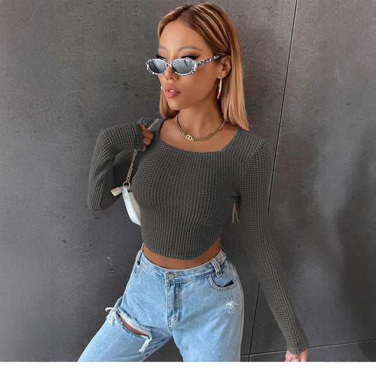 Damen Figurbetontes Cropped‑Waffel‑Stricktop mit U‑Boot‑Ausschnitt Shop Nory