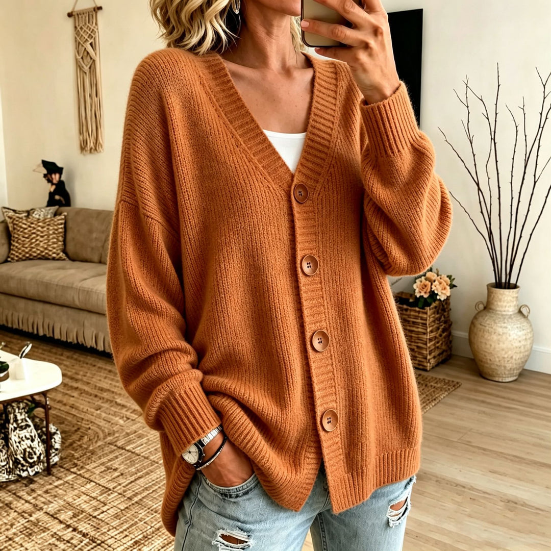 Damen Lockerer Longline-Cardigan mit tiefem V-Ausschnitt und Holzknöpfen Shop Nory