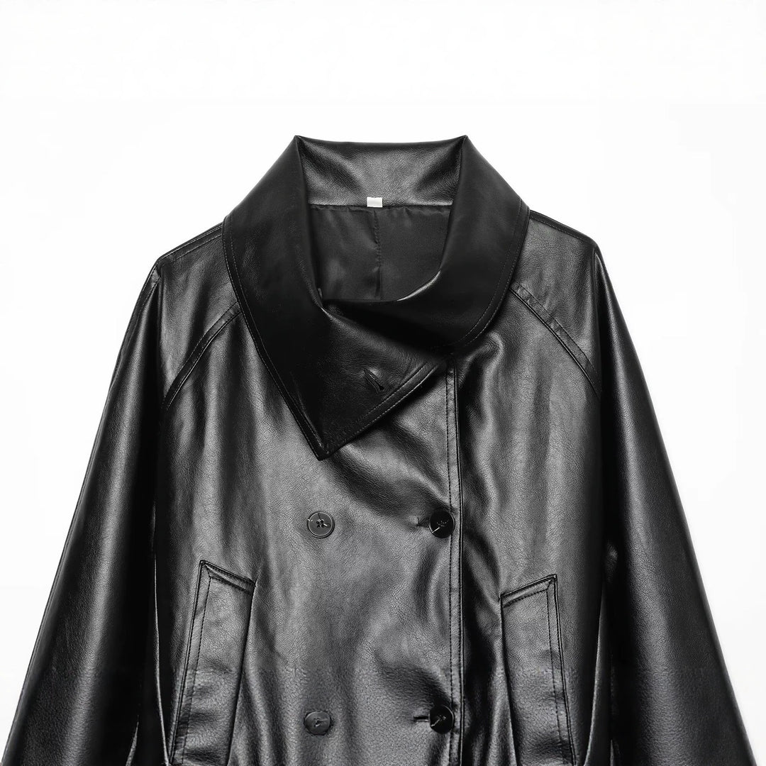 Damen Cropped Kunstlederjacke mit weitem Funnelkragen und doppelreihiger Knopfleiste Shop Nory