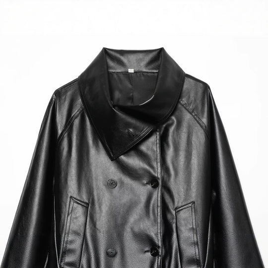 Damen Cropped Kunstlederjacke mit weitem Funnelkragen und doppelreihiger Knopfleiste Shop Nory