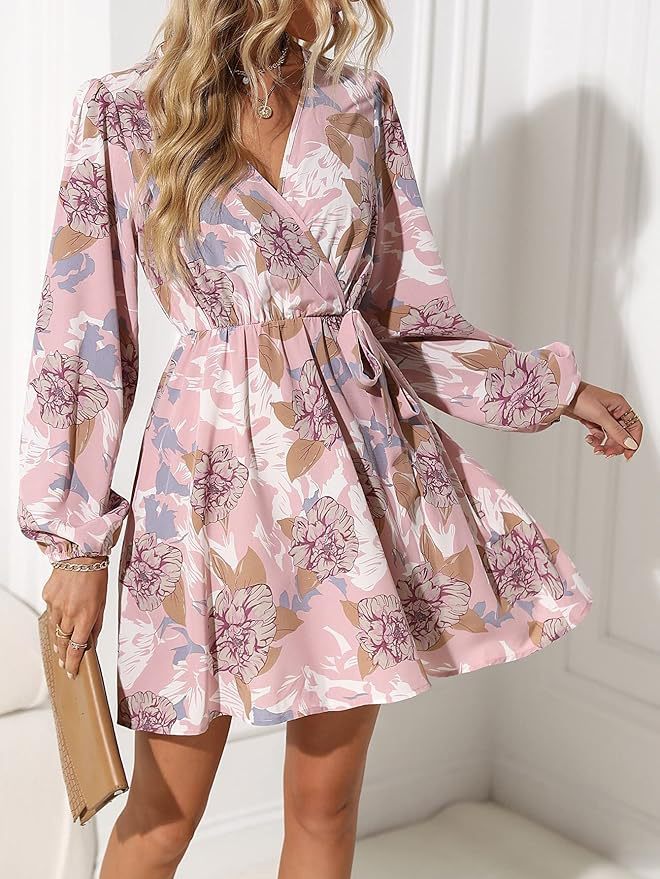 Damen Florales Wickel-Minikleid mit V-Ausschnitt, Bindegürtel und langen Ballonärmeln Shop Nory