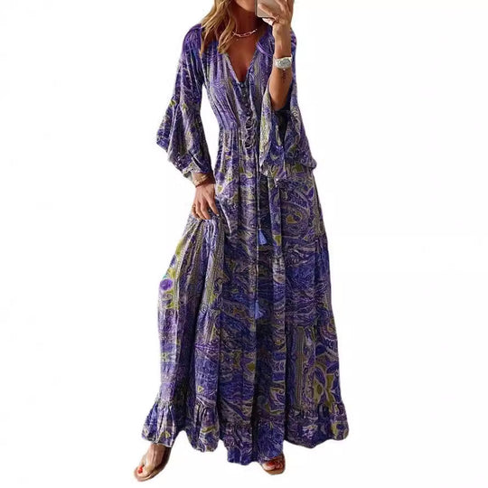 Damen Boho Maxikleid mit Paisley-Print, V-Ausschnitt, Stufenrock und Bindegürtel Shop Nory