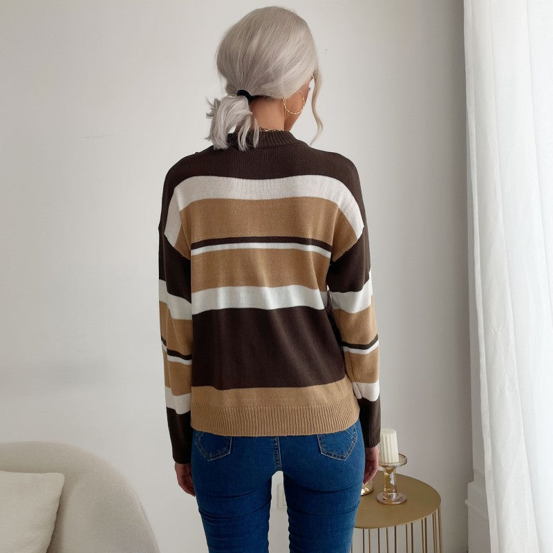 Damen Langärmliger Ringel-Feinstrickpullover mit kurzem Stehkragen und legerer Silhouette Shop Nory