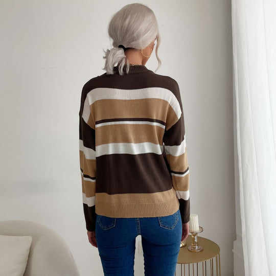 Damen Langärmliger Ringel-Feinstrickpullover mit kurzem Stehkragen und legerer Silhouette Shop Nory