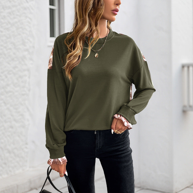 Damen Lässiges Rundhals-Sweatshirt mit Karomuster‑Einsätzen und gerafften Manschetten Shop Nory