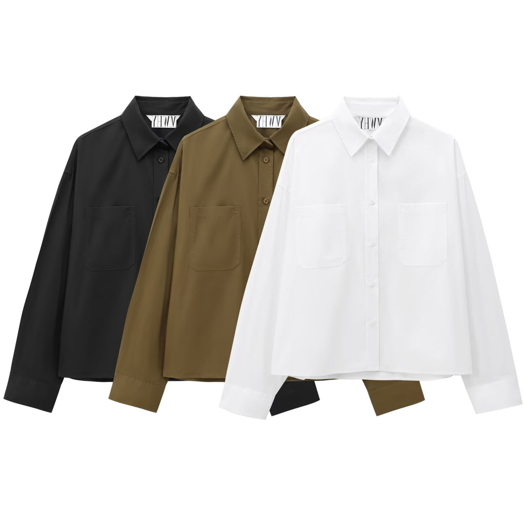 Damen Boxy-Cropped-Hemdjacke mit aufgesetzten Brusttaschen Shop Nory
