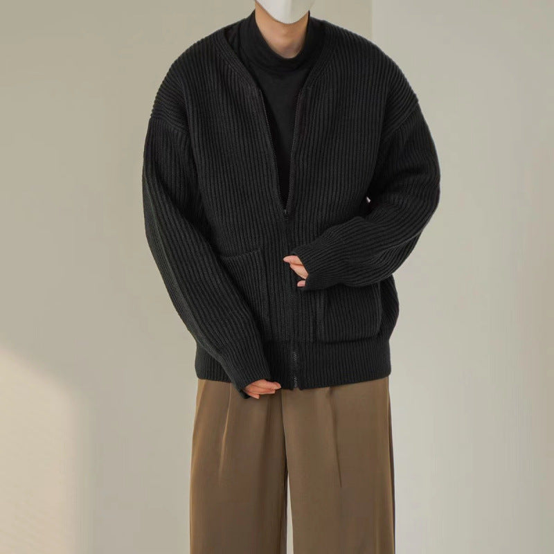 Unisex Oversized Boxy-Strickjacke mit verdecktem Reißverschluss und breiter Rippenstruktur Shop Nory