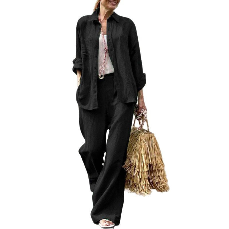 Damen Leichtes Leinen-Zweiteiler-Set mit lockerer Hemdbluse und weiter High-Waist-Hose Shop Nory