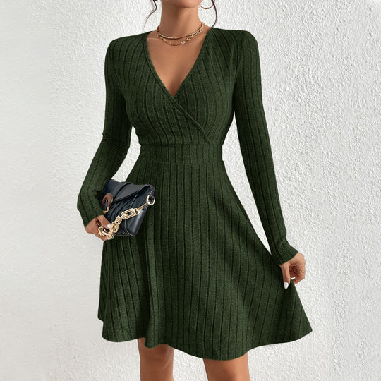 Damen figurschmeichelndes geripptes Wickel-Strickkleid mit tailliertem Bund und ausgestelltem Rock Shop Nory
