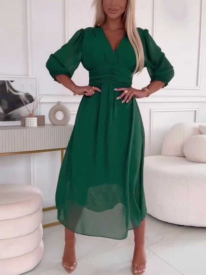Damen Chiffon Maxi Kleid mit V-Ausschnitt, Rüschengesäß und 3/4 Ärmeln Shop Nory