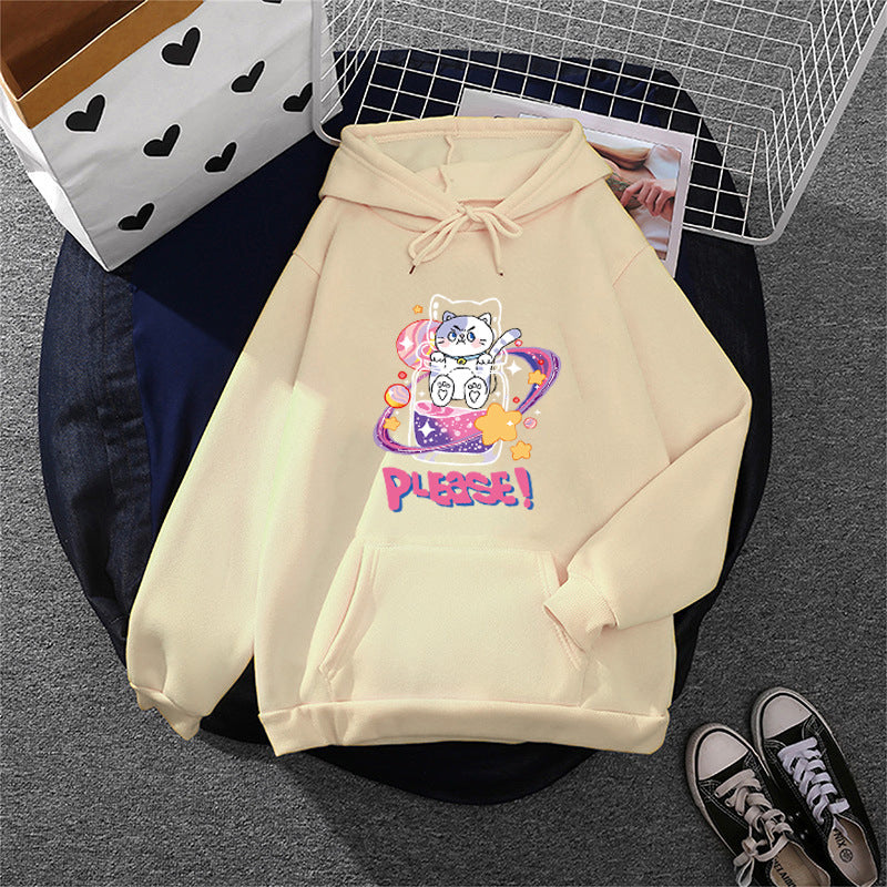 Damen nan oversized Kapuzenpullover im Streetstyle mit weichem Fleece-Innenfutter, Kängurutasche und farbenfrohem Cartoon-Katzen-Planet-Print Shop Nory