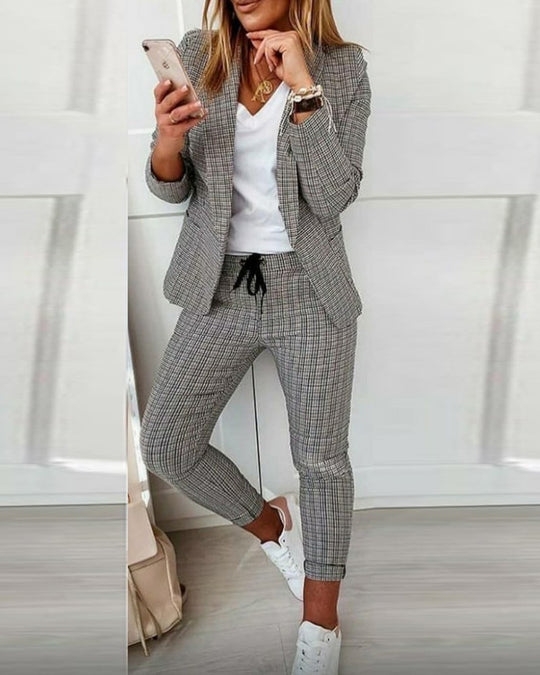 Damen nan lässig-elegantes Karozweiteiler Blazer mit Tunnelzug-Slimhose Shop Nory