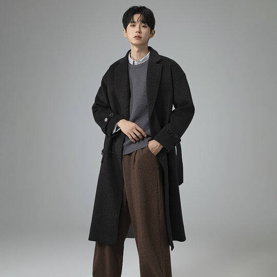 Herren Maxilanger Wollmix-Mantel im Tweed-Look mit Oversize-Schnitt, Doppelreihe und Bindegürtel Shop Nory