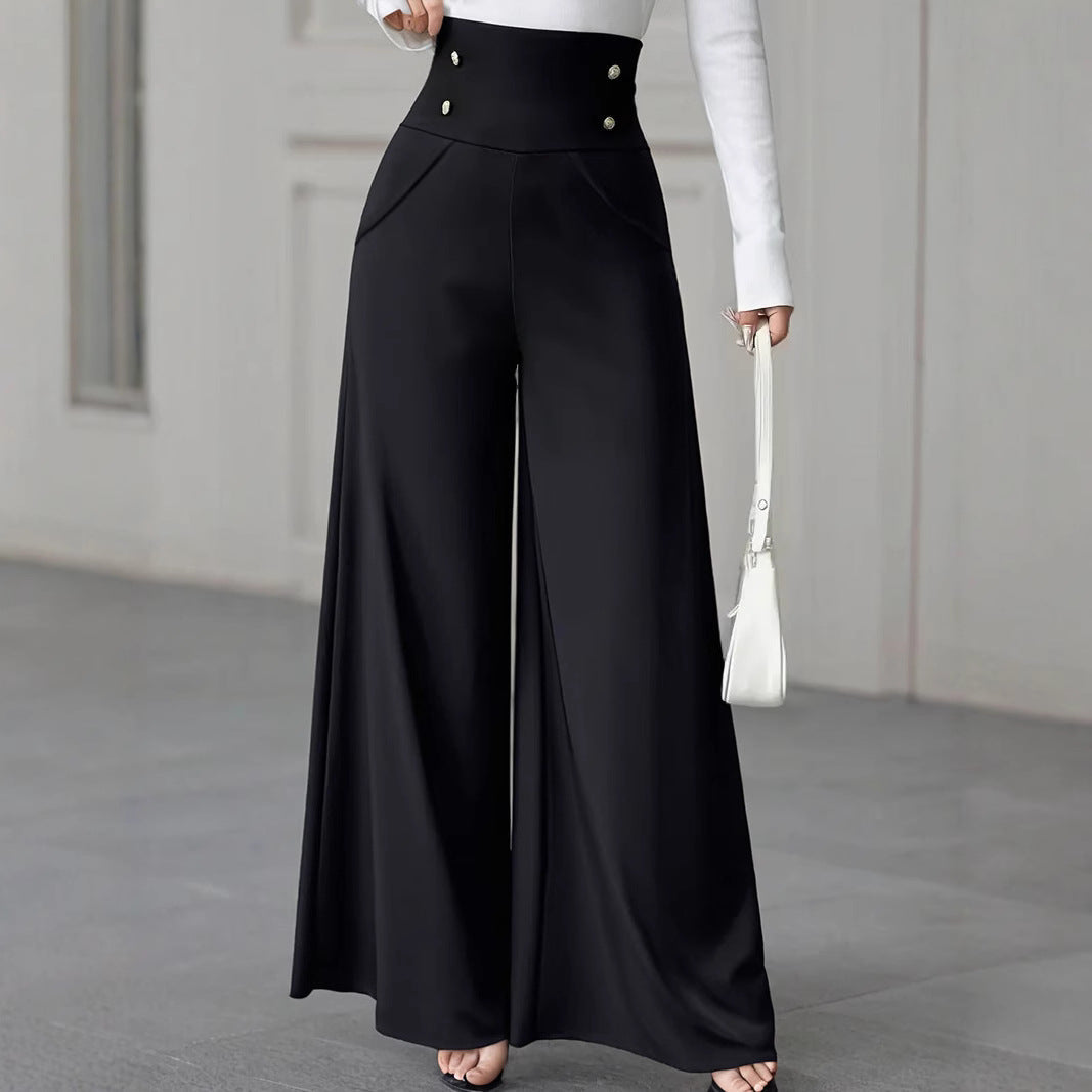 Damen Weite High-Waist Hose mit dekorativen Knöpfen