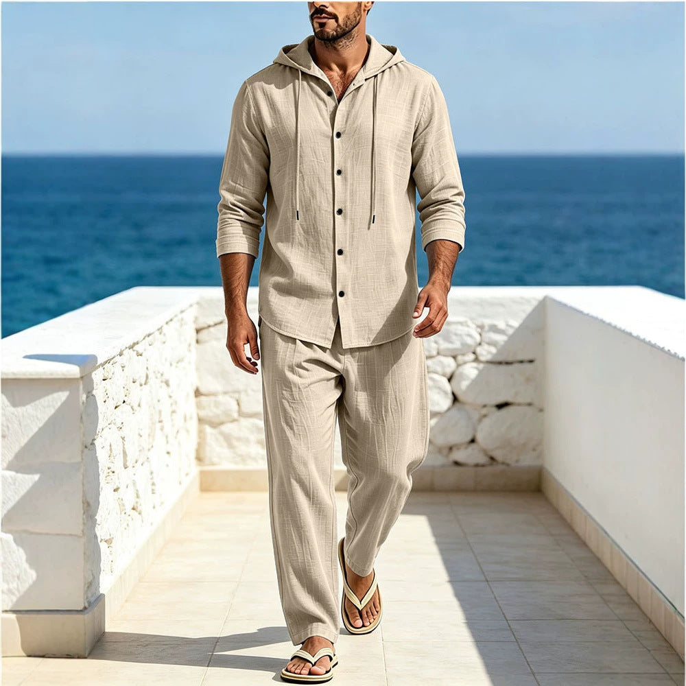 Herren Atmungsaktives Baumwoll-Gauze Loungewear-Set mit Kapuzenhemd und weiten Sommerhosen Shop Nory