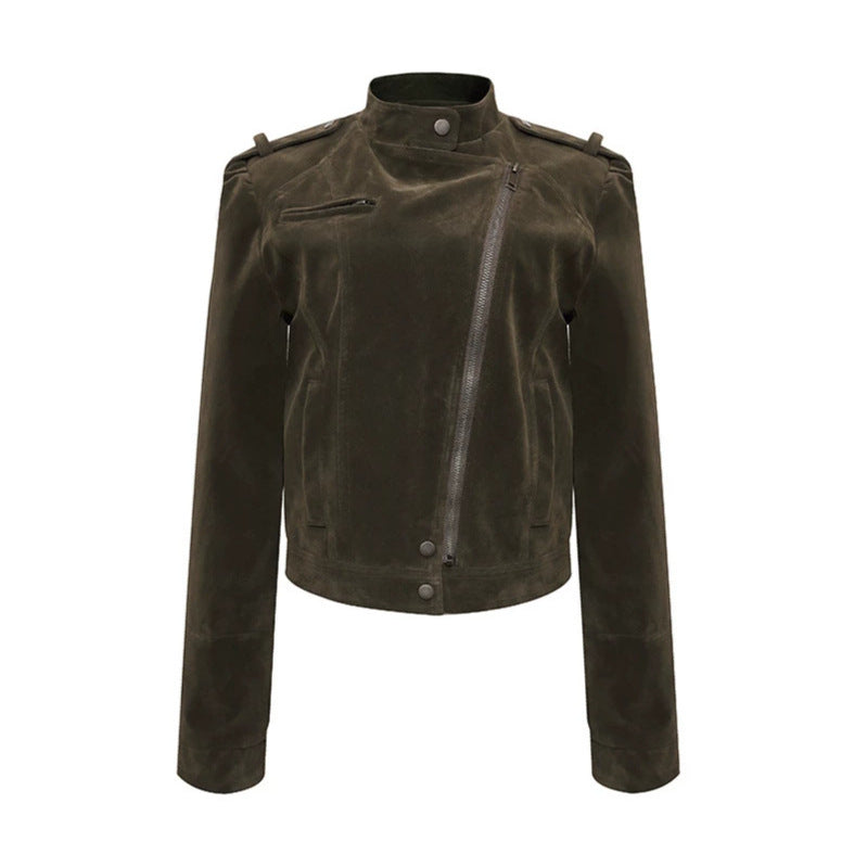 Damen Kurze Veloursleder-Bikerjacke mit asymmetrischem Reißverschluss und Stehkragen Shop Nory