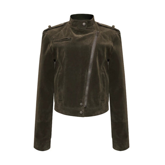 Damen Kurze Veloursleder-Bikerjacke mit asymmetrischem Reißverschluss und Stehkragen Shop Nory