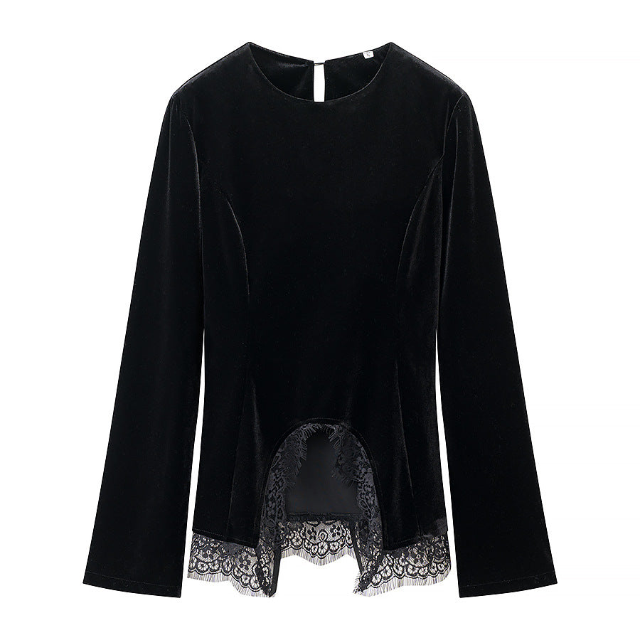 Damen Samtbluse mit Spitzen-Insert und asymmetrischem Spitzensaum Shop Nory