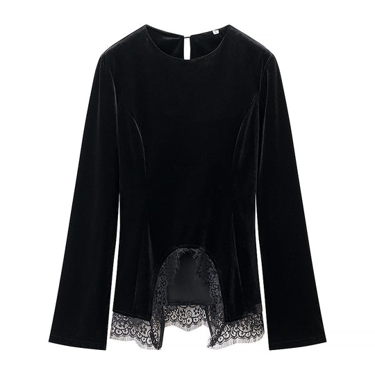 Damen Samtbluse mit Spitzen-Insert und asymmetrischem Spitzensaum Shop Nory