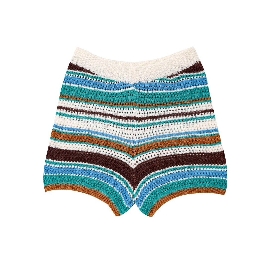 Damen luftige Strickshorts mit buntem Streifenmuster