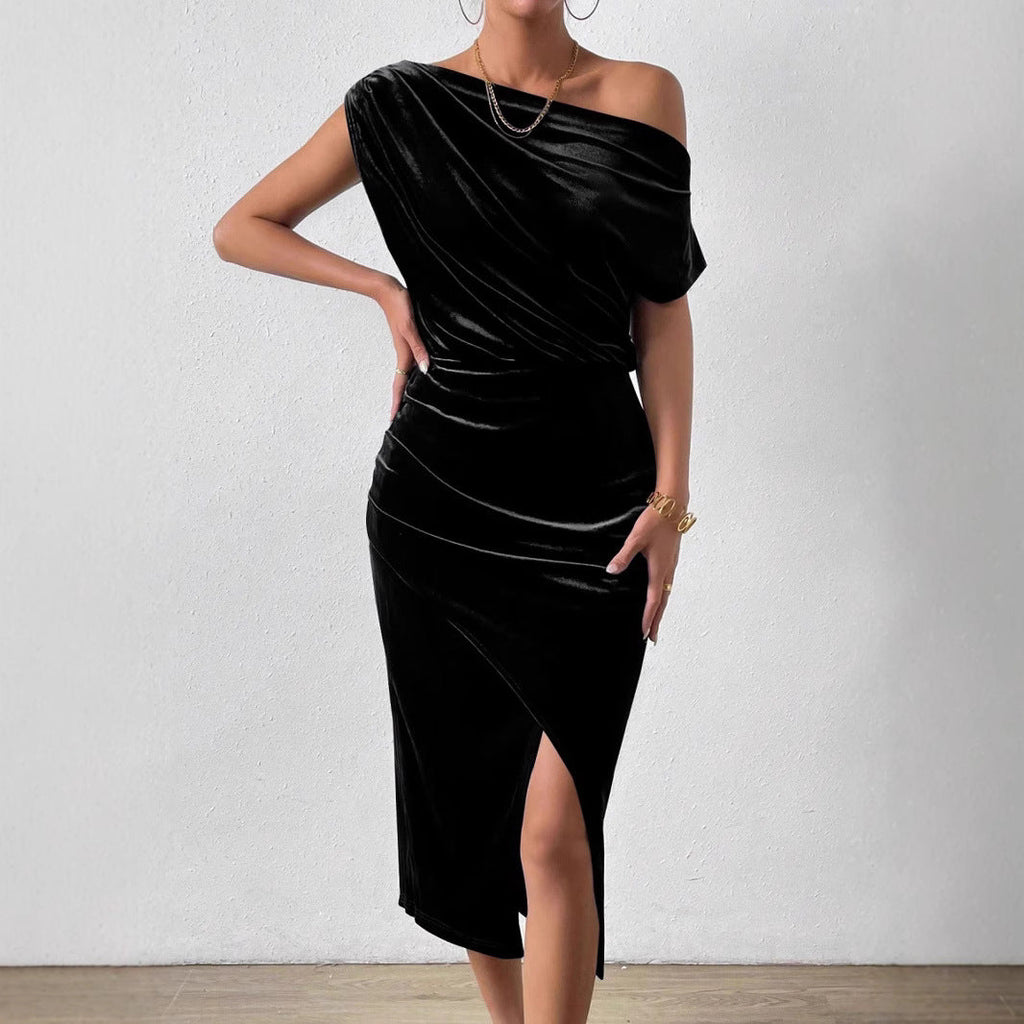 Damen Elegantes Schulterfreies Midikleid im Fließenden Design