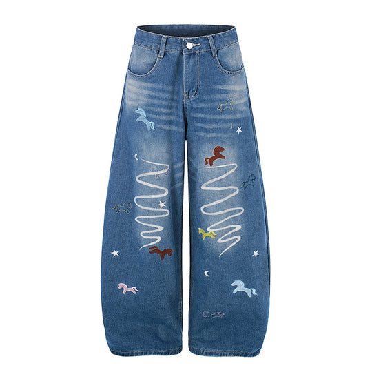 Damen Weite High‑Waist Palazzohose aus Denim mit Pferde‑Stickerei und Culotte‑Schnitt Shop Nory